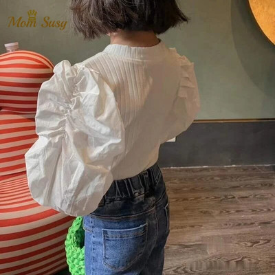 Modes zīdaiņu meiteņu kokvilnas T-krekls ar pūšām piedurknēm zīdaiņu, toddler meiteņu pincess trikotāžas krekls ar garām piedurknēm rudens pavasara augšpusē vienkrāsains blūze
