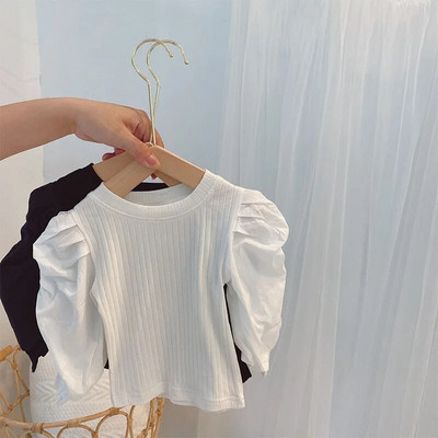 Divat Baby Girl pamut póló Puff ujjú csecsemő tipegő lány pincess kötött ing hosszú ujjú őszi tavaszi felső tömör blúz