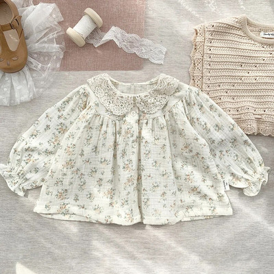 Bluză pentru fetițe de primăvară Cămașă cu guler pentru păpuși pentru copii, la modă de vară, cămașă cu flori pentru fete, cu mânecă lungă, cu imprimeu de flori, bluză pentru fete