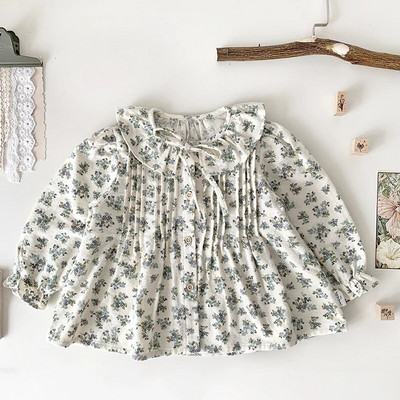 Bluză pentru fetițe de primăvară Cămașă cu guler pentru păpuși pentru copii, la modă de vară, cămașă cu flori pentru fete, cu mânecă lungă, cu imprimeu de flori, bluză pentru fete