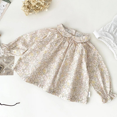 Bluză pentru fetițe de primăvară Cămașă cu guler pentru păpuși pentru copii, la modă de vară, cămașă cu flori pentru fete, cu mânecă lungă, cu imprimeu de flori, bluză pentru fete