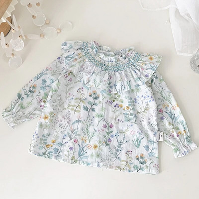 Bluză pentru fetițe de primăvară Cămașă cu guler pentru păpuși pentru copii, la modă de vară, cămașă cu flori pentru fete, cu mânecă lungă, cu imprimeu de flori, bluză pentru fete