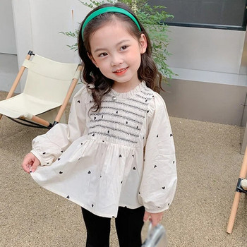 Άνοιξη φθινόπωρο κορίτσια Παιδική μπλούζα πέτο με φουσκωτά μανίκια Πουκάμισο μακρυμάνικο βαμβακερό δαντέλα Παιδικό κοριτσάκι μπλούζα παιδικά ρούχα