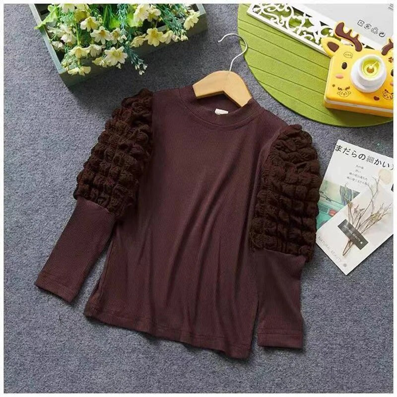 Lány alsó ing 2022 új, hosszú ujjú pólók Gyerek lány Puff ujjú póló Gyerek körgallér felsők tavaszi ősz