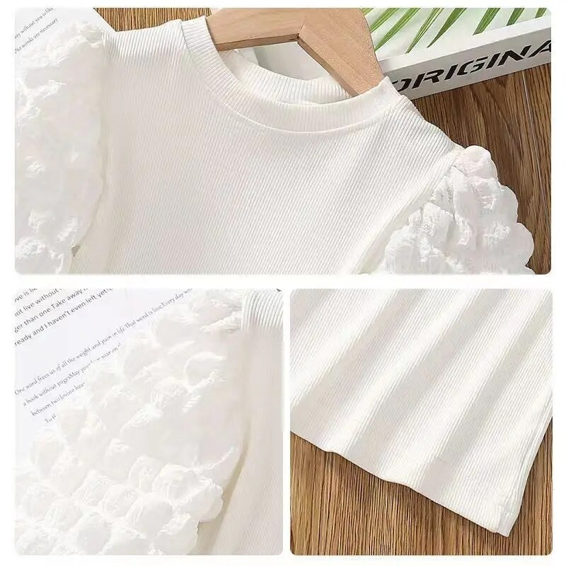 Lány alsó ing 2022 új, hosszú ujjú pólók Gyerek lány Puff ujjú póló Gyerek körgallér felsők tavaszi ősz