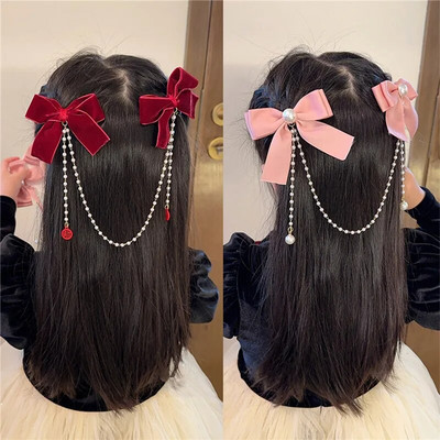 Coreeană dulce catifea bowknot perle lanț agrafe de păr nou decorați bentita agrafe de păr copii fete femei accesorii de păr