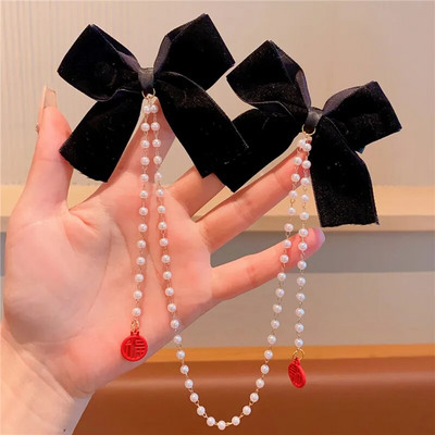 Coreeană dulce catifea bowknot perle lanț agrafe de păr nou decorați bentita agrafe de păr copii fete femei accesorii de păr
