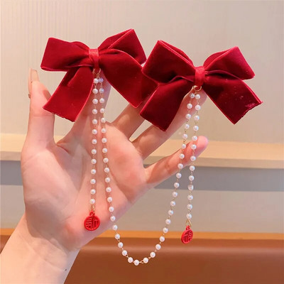 Coreeană dulce catifea bowknot perle lanț agrafe de păr nou decorați bentita agrafe de păr copii fete femei accesorii de păr