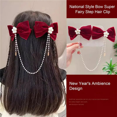 Coreeană dulce catifea bowknot perle lanț agrafe de păr nou decorați bentita agrafe de păr copii fete femei accesorii de păr