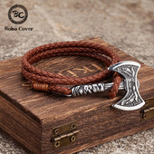Norse Hatchet Többrétegű bőr karkötők férfi rozsdamentes acél vikingek fejsze csuklópánt Holló amulett Önvédelmi, kézzel készített ékszerek