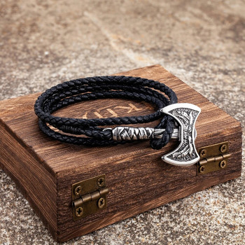 Norse Hatchet Δερμάτινα βραχιόλια πολλαπλών στρώσεων Ανδρικά από ανοξείδωτο ατσάλι Vikings Axe Wristband Raven Amulet Αυτοάμυνα Χειροποίητο κόσμημα