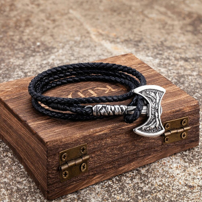 Norse Hatchet Többrétegű bőr karkötők férfi rozsdamentes acél vikingek fejsze csuklópánt Holló amulett Önvédelmi, kézzel készített ékszerek