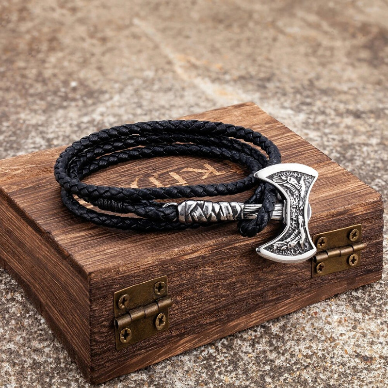 Norse Hatchet Többrétegű bőr karkötők férfi rozsdamentes acél vikingek fejsze csuklópánt Holló amulett Önvédelmi, kézzel készített ékszerek