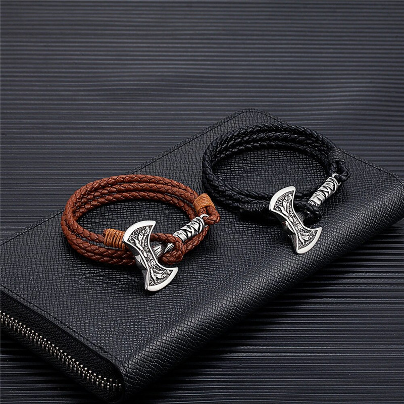 Norse Hatchet Többrétegű bőr karkötők férfi rozsdamentes acél vikingek fejsze csuklópánt Holló amulett Önvédelmi, kézzel készített ékszerek