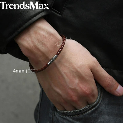 Ανδρικό δερμάτινο βραχιόλι 4/6/8mm Μαύρο καφέ πλεκτό βραχιόλια ανδρικό κόσμημα Δώρο από ανοξείδωτο ατσάλι μαγνητικό κούμπωμα LBM118A