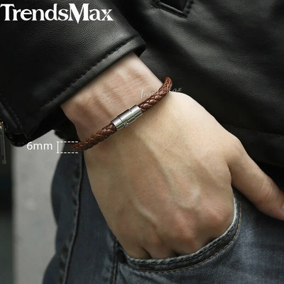 Ανδρικό δερμάτινο βραχιόλι 4/6/8mm Μαύρο καφέ πλεκτό βραχιόλια ανδρικό κόσμημα Δώρο από ανοξείδωτο ατσάλι μαγνητικό κούμπωμα LBM118A