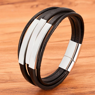 Accesorii la modă XQNI Brățară din piele pentru bărbați din oțel inoxidabil Combinație multistrat Închidere magnetică Închidere reglabilă Reducere mare