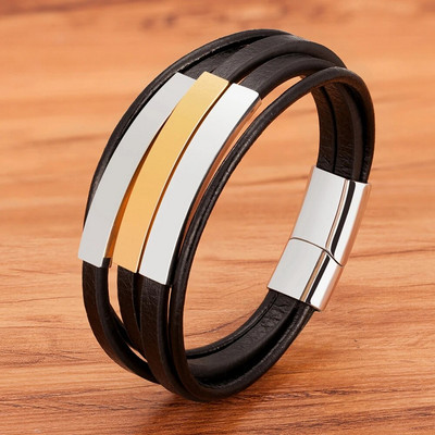 Accesorii la modă XQNI Brățară din piele pentru bărbați din oțel inoxidabil Combinație multistrat Închidere magnetică Închidere reglabilă Reducere mare