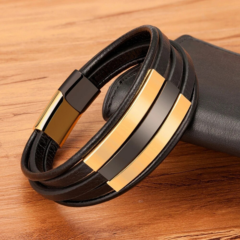 Accesorii la modă XQNI Brățară din piele pentru bărbați din oțel inoxidabil Combinație multistrat Închidere magnetică Închidere reglabilă Reducere mare