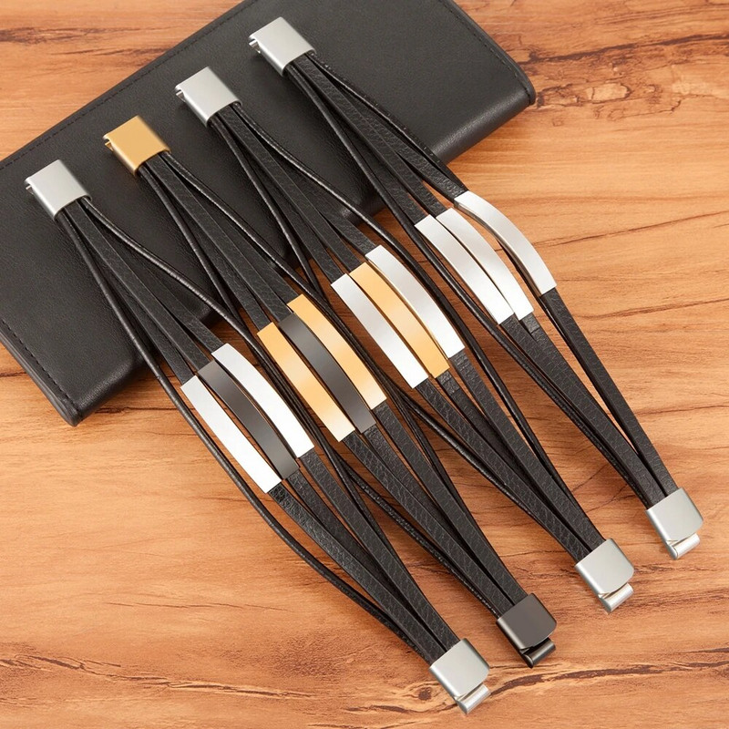 Accesorii la modă XQNI Brățară din piele pentru bărbați din oțel inoxidabil Combinație multistrat Închidere magnetică Închidere reglabilă Reducere mare