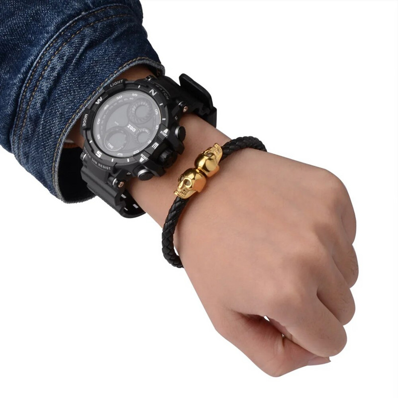 Brățară din piele naturală din oțel inoxidabil Brățară vikingă împletită neagră pentru bărbați Bijuterii cadou