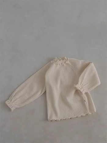 2024 г. Пролетна водолазка с волани за малко дете, долна риза с дълги ръкави, момче, момиче, бебе, едноцветна тениска с вълни, памучни ежедневни горнища