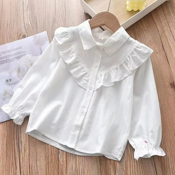 Κοριτσίστικο ανοιξιάτικο και φθινόπωρο πουκάμισο πόλο λαιμόκοψη Παιδικό μασίφ κορεατική έκδοση μακρυμάνικο βαμβακερό πουκάμισο Top λευκό φοιτητικό πουκάμισο δαντέλα