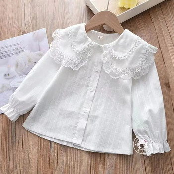 Κοριτσίστικο ανοιξιάτικο και φθινόπωρο πουκάμισο πόλο λαιμόκοψη Παιδικό μασίφ κορεατική έκδοση μακρυμάνικο βαμβακερό πουκάμισο Top λευκό φοιτητικό πουκάμισο δαντέλα