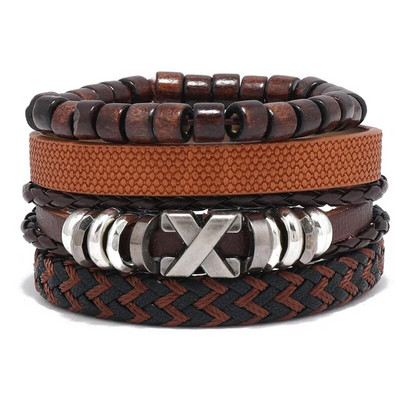 Modyle 4 bucăți/set brățări din piele împletite pentru bărbați punk vintage cu farmec cu flori Brățară frânghie bijuterii cadouri
