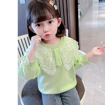Νέα ρούχα Παιδική μπλούζα για κορίτσι με μακρυμάνικη λαιμόκοψη Άνοιξη φθινόπωρο casual μόδα Ολόσωμο μονόχρωμο μπλουζάκι με δαντέλα
