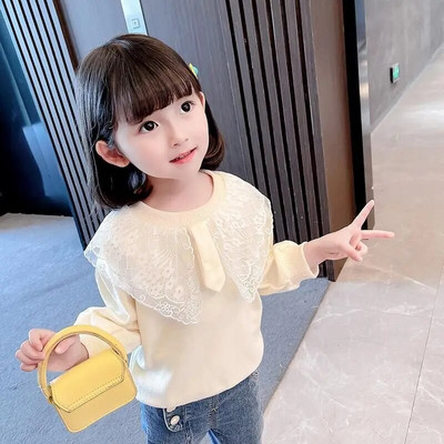 Uued riided Lastele Tüdrukutele pikkade varrukatega T-särk Pikkade varrukatega Kevad Sügis Vabaajamood Sobiv ühevärviline pits Mugavad topid