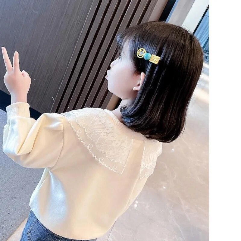 Uued riided Lastele Tüdrukutele pikkade varrukatega T-särk Pikkade varrukatega Kevad Sügis Vabaajamood Sobiv ühevärviline pits Mugavad topid