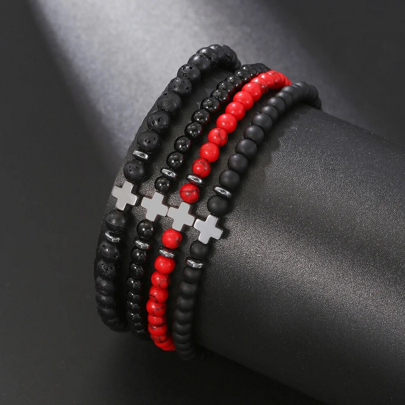 Brățară bărbați 4mm Turcoaz Lavă Hematit Brățară Hematit Cruce mărgele de orez Brazalete Homme Boyfriend Gift Pulsera Hombre