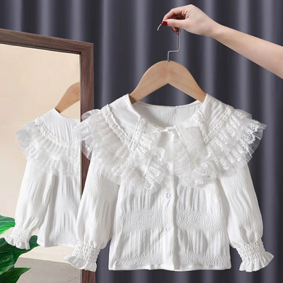 Bluză cu mânecă lungă pentru fete mici, dulce, guler Peter Pan, cu un singur piept, cămăși casual pentru fete, primăvară 1-6 ani, copii, topuri