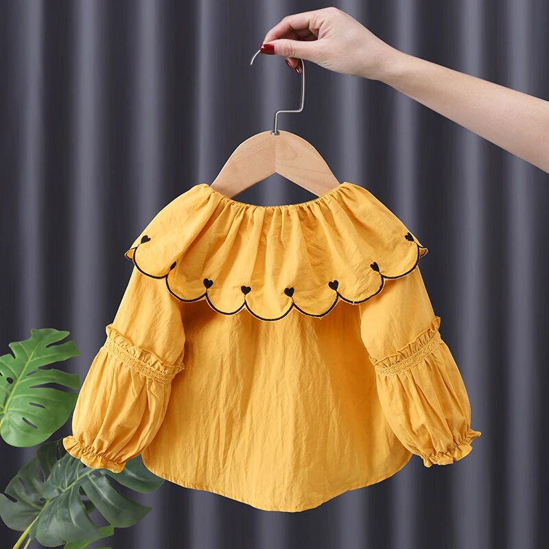 Bluză cu mânecă lungă pentru fete mici, dulce, guler Peter Pan, cu un singur piept, cămăși casual pentru fete, primăvară 1-6 ani, copii, topuri