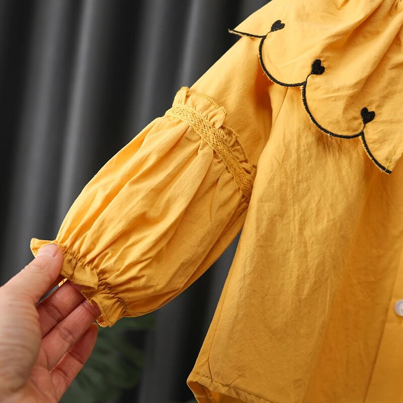 Bluză cu mânecă lungă pentru fete mici, dulce, guler Peter Pan, cu un singur piept, cămăși casual pentru fete, primăvară 1-6 ani, copii, topuri