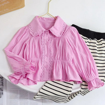 Пролет Есен Бебешки ризи за момичета Горнища Корейска дантела Блуза с дълъг ръкав Детски дрехи Детски момичета Тениски с копчета