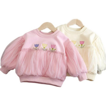 Тениски за момичета 2023 Есен Зимни горнища за деца Детски суичъри с дълъг ръкав Дантелени цветя Пуловер за малко дете Бебешки тоалети