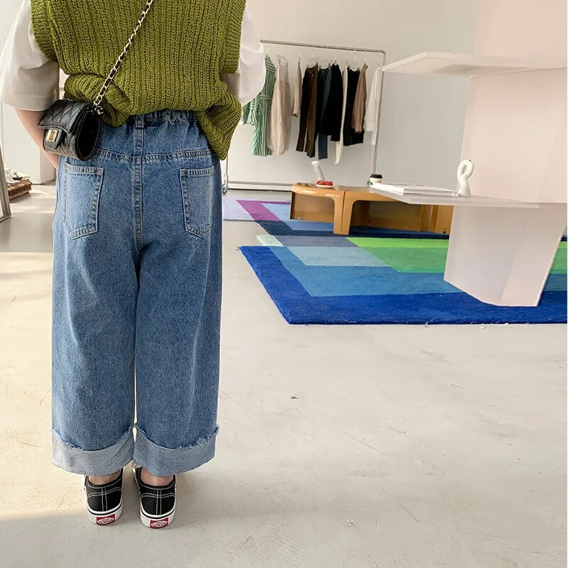 Tavasz nyár Gyerek hullámos széles szárú farmernadrág Fiúknak és lányoknak bő, vékony farmernadrág Gyerek divatos alkalmi nadrág