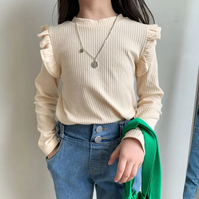 2-8T väikelapse laps Beebi Tüdrukute riided Sügises volangidega T-särk Elegantne pikkade varrukatega puuvillane t-särk Armas Sweet Pullover Top Basic T-särk