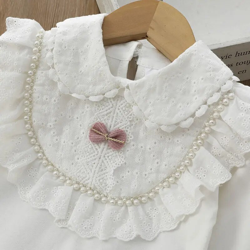 Vaikiški marškiniai, mokyklinukai, balti, ilgomis rankovėmis nėriniuoti marškiniai, vaikiški marškiniai Kūdikiams, paaugliams, kasdieniai vaikiški drabužiai