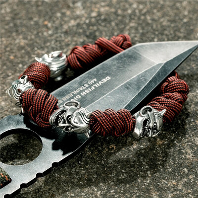 Brățară de mască de epocă Noh pentru bărbați, accesorii pentru demon japonez, lucrate manual, Brățări de frânghie de supraviețuire reglabile, bijuterii cu pandantiv cuțit amuletă