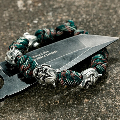 Brățară de mască de epocă Noh pentru bărbați, accesorii pentru demon japonez, lucrate manual, Brățări de frânghie de supraviețuire reglabile, bijuterii cu pandantiv cuțit amuletă