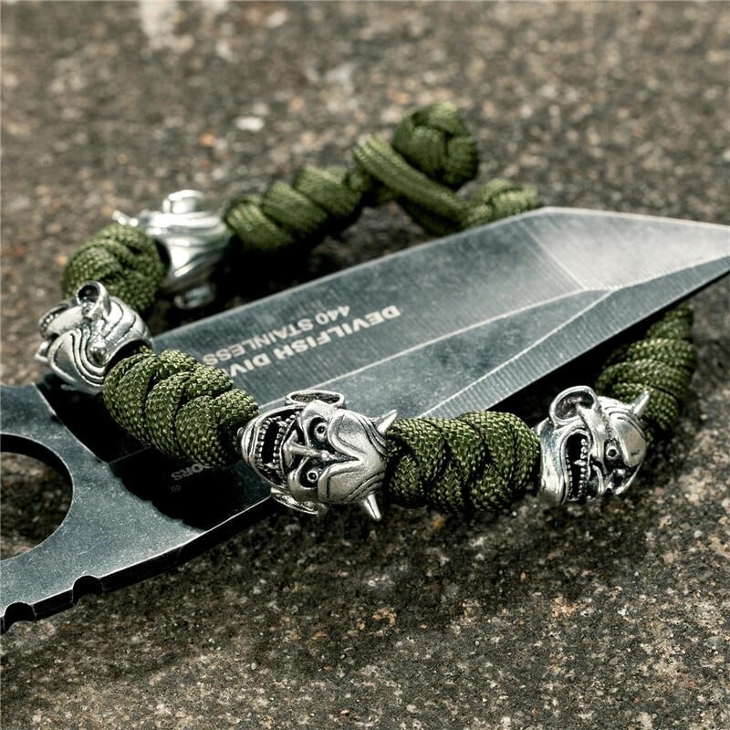 Brățară de mască de epocă Noh pentru bărbați, accesorii pentru demon japonez, lucrate manual, Brățări de frânghie de supraviețuire reglabile, bijuterii cu pandantiv cuțit amuletă