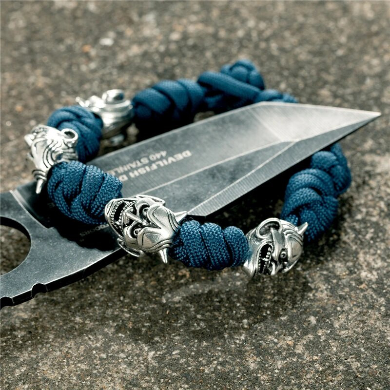 Brățară de mască de epocă Noh pentru bărbați, accesorii pentru demon japonez, lucrate manual, Brățări de frânghie de supraviețuire reglabile, bijuterii cu pandantiv cuțit amuletă