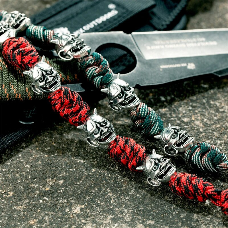 Brățară de mască de epocă Noh pentru bărbați, accesorii pentru demon japonez, lucrate manual, Brățări de frânghie de supraviețuire reglabile, bijuterii cu pandantiv cuțit amuletă