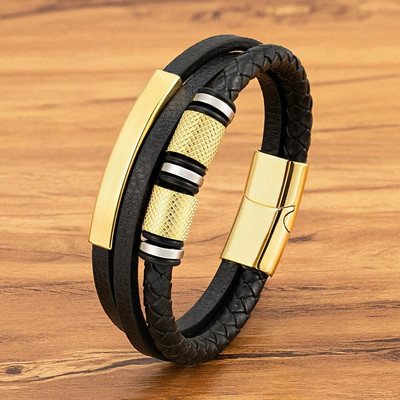 XQNI Brățară din piele neagră de modă, lucrată manual, frânghie, bărbați, mărgele din oțel inoxidabil, cu închidere magnetică, brățară pentru bijuterii cu farmec de zi de naștere