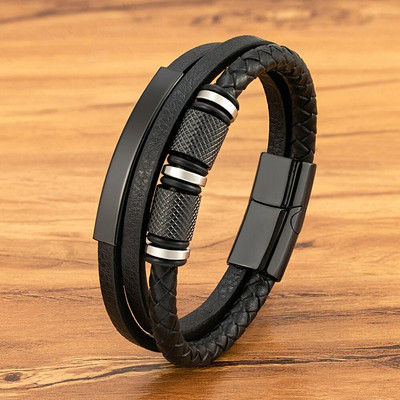 XQNI Brățară din piele neagră de modă, lucrată manual, frânghie, bărbați, mărgele din oțel inoxidabil, cu închidere magnetică, brățară pentru bijuterii cu farmec de zi de naștere