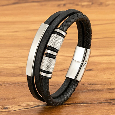 XQNI Brățară din piele neagră de modă, lucrată manual, frânghie, bărbați, mărgele din oțel inoxidabil, cu închidere magnetică, brățară pentru bijuterii cu farmec de zi de naștere