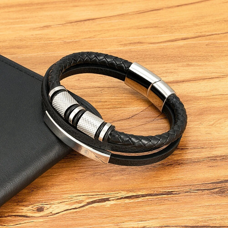 XQNI Brățară din piele neagră de modă, lucrată manual, frânghie, bărbați, mărgele din oțel inoxidabil, cu închidere magnetică, brățară pentru bijuterii cu farmec de zi de naștere